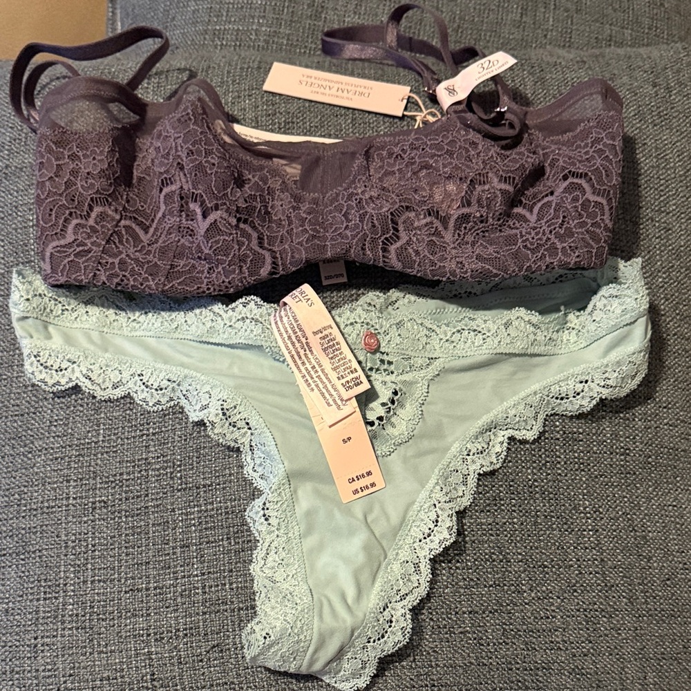 Victoria's Secret Lace Bralette and Panty Set - dark Purple and Light green